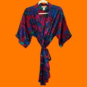 80's 90's vintage satin 100% polyester floral print robe MEDIUM
